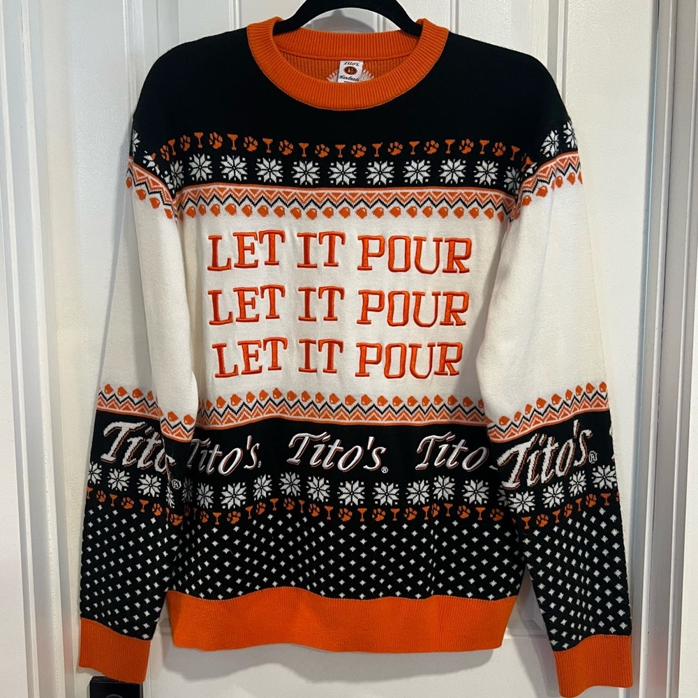 Tito's Festive Christmas Sweater with Black & Orange Accents. Size Medium.